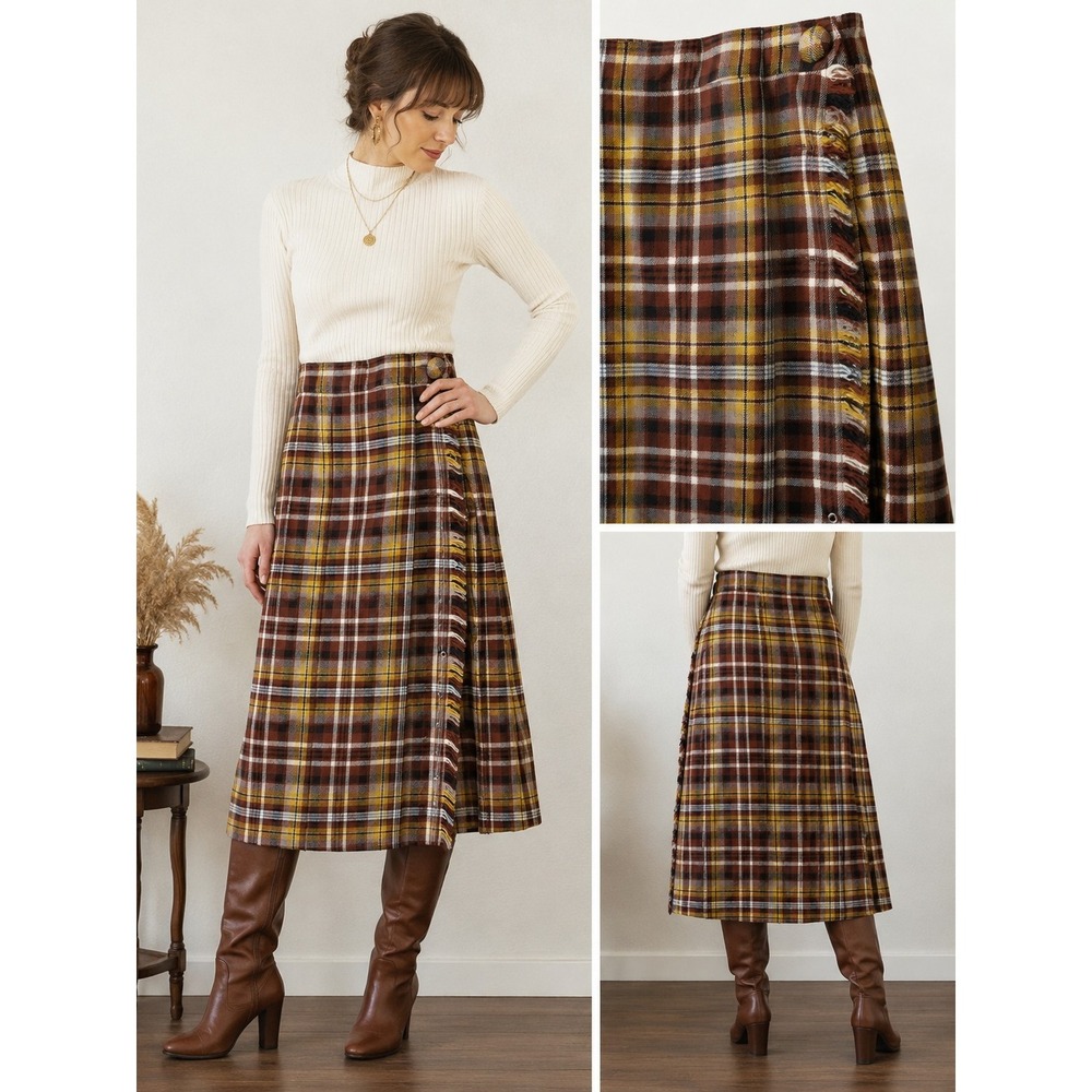 VTG WOODWARD COLLECTION  NOVA CHECK PLEATED KNEE LENGTH WRAP SKIRT SIZE S 1960'S